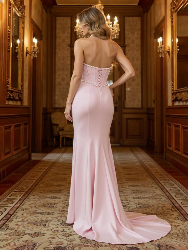 Satin Pearl Embellished Corset Halter Sheath Prom Dress with Slit