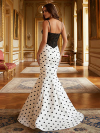 Satin Lace Corset Spaghetti Straps Sweetheart Prom Dress Mermaid Cut-Out Evening Party Gowns with Polka-Dot Print