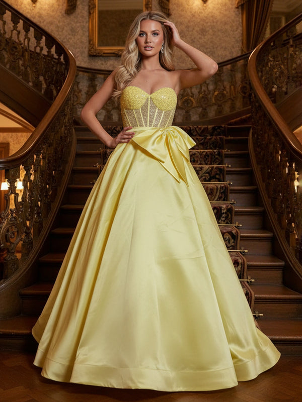 Satin Beads Strapless Sweetheart Corset Prom Dress A-Line Long Evening Party Gowns with Bow