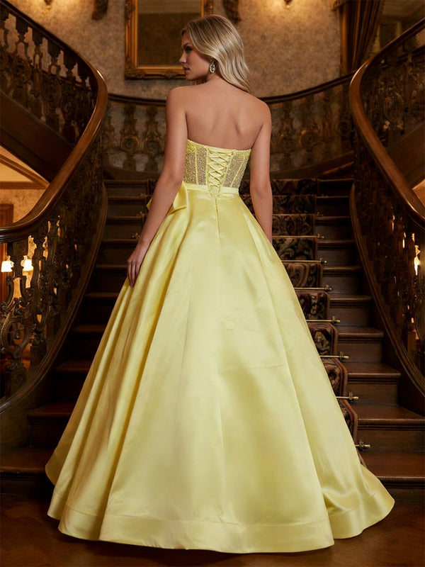 Satin Beads Strapless Sweetheart Corset Prom Dress A-Line Long Evening Party Gowns with Bow
