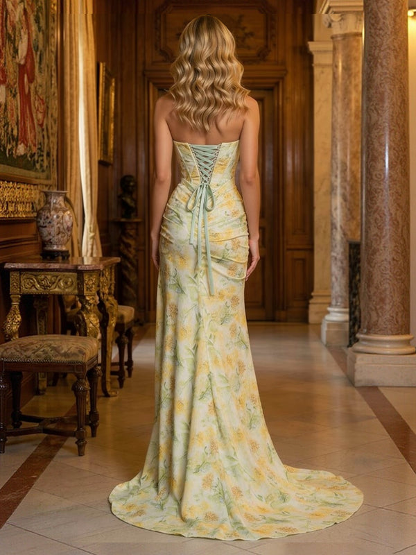 Chiffon Floral Strapless Sweetheart Ruched Corset Prom Dress Sheath Long Evening Party Gowns with High Side Slit