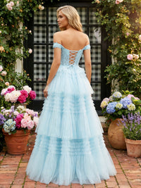 Off Shoulder Sweetheart Tulle Tiered Ruffles Prom Dresses A-Line Ball Gowns with Lace Appliques