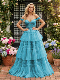 Off Shoulder Sweetheart Tulle Tiered Ruffles Prom Dresses A-Line Ball Gowns with Lace Appliques