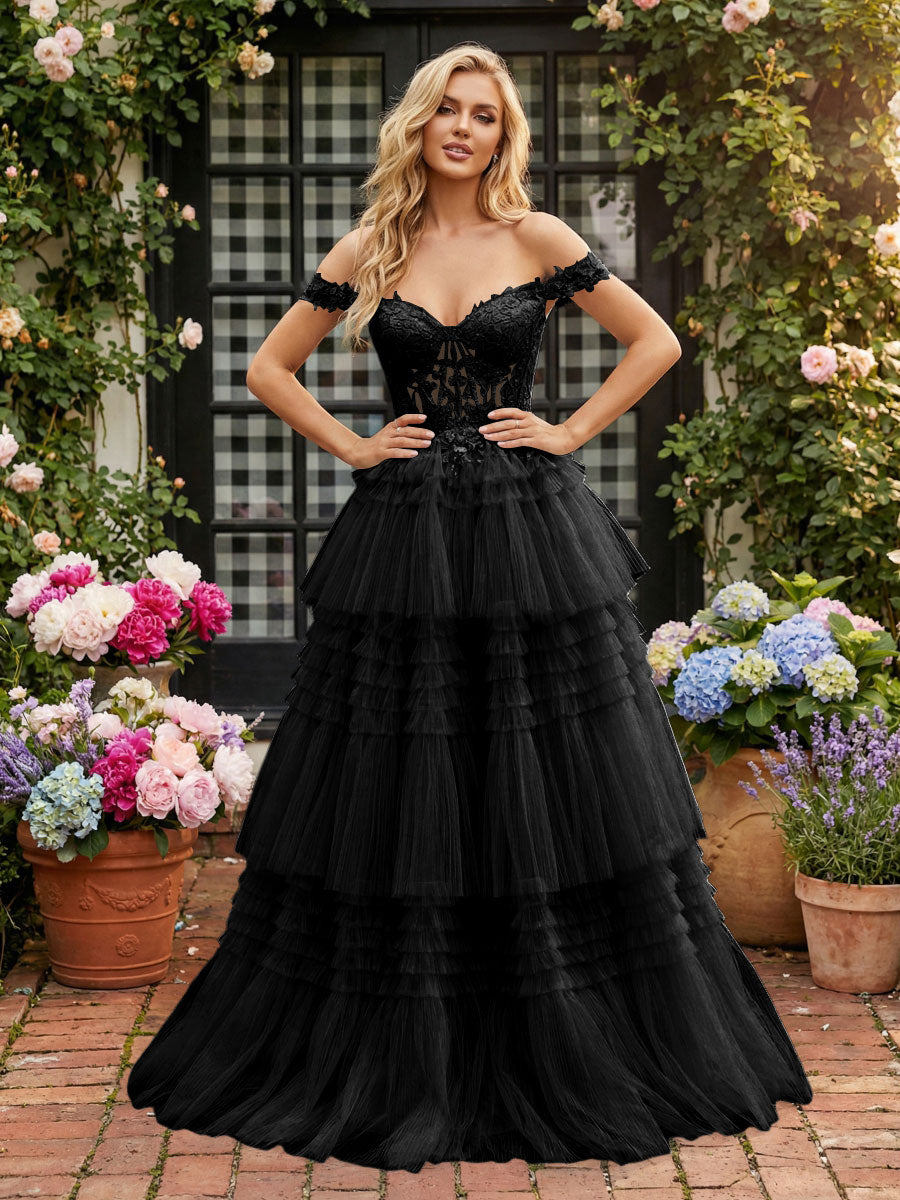Off Shoulder Sweetheart Tulle Tiered Ruffles Prom Dresses A-Line Ball Gowns with Lace Appliques