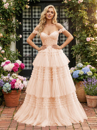 Off Shoulder Sweetheart Tulle Tiered Ruffles Prom Dresses A-Line Ball Gowns with Lace Appliques