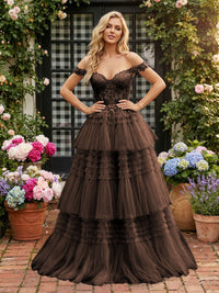 Off Shoulder Sweetheart Tulle Tiered Ruffles Prom Dresses A-Line Ball Gowns with Lace Appliques