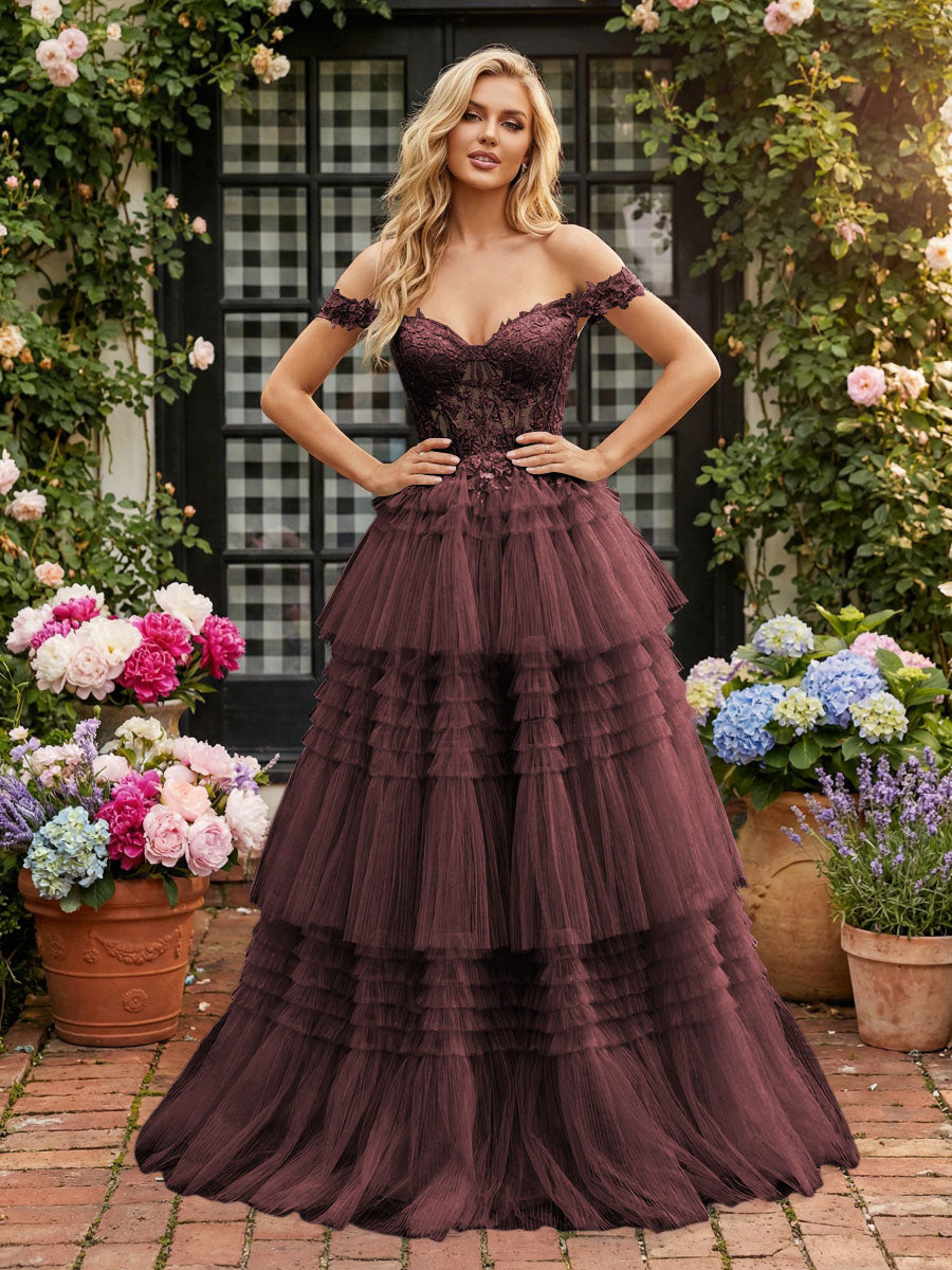 Off Shoulder Sweetheart Tulle Tiered Ruffles Prom Dresses A-Line Ball Gowns with Lace Appliques