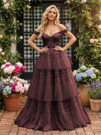 Off Shoulder Sweetheart Tulle Tiered Ruffles Prom Dresses A-Line Ball Gowns with Lace Appliques