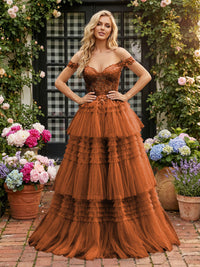 Off Shoulder Sweetheart Tulle Tiered Ruffles Prom Dresses A-Line Ball Gowns with Lace Appliques