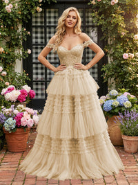 Off Shoulder Sweetheart Tulle Tiered Ruffles Prom Dresses A-Line Ball Gowns with Lace Appliques