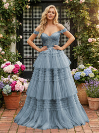 Off Shoulder Sweetheart Tulle Tiered Ruffles Prom Dresses A-Line Ball Gowns with Lace Appliques