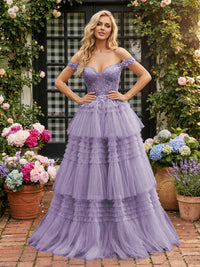 Off Shoulder Sweetheart Tulle Tiered Ruffles Prom Dresses A-Line Ball Gowns with Lace Appliques