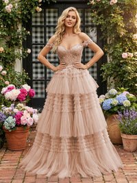 Off Shoulder Sweetheart Tulle Tiered Ruffles Prom Dresses A-Line Ball Gowns with Lace Appliques