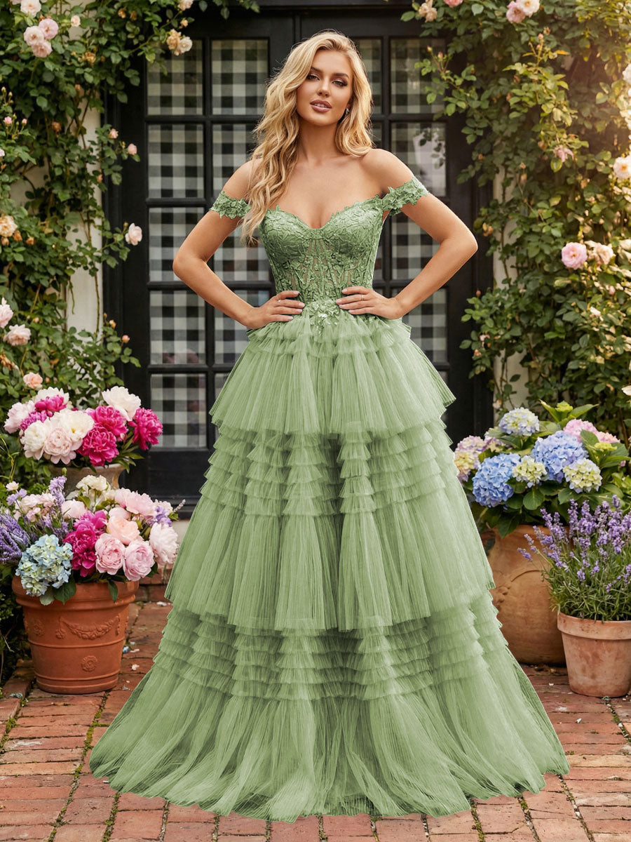 Off Shoulder Sweetheart Tulle Tiered Ruffles Prom Dresses A-Line Ball Gowns with Lace Appliques