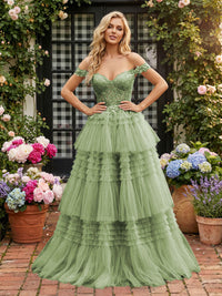 Off Shoulder Sweetheart Tulle Tiered Ruffles Prom Dresses A-Line Ball Gowns with Lace Appliques