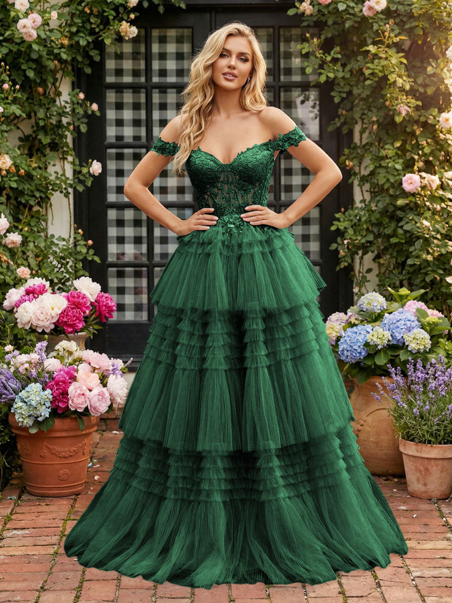 Off Shoulder Sweetheart Tulle Tiered Ruffles Prom Dresses A-Line Ball Gowns with Lace Appliques