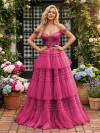 Off Shoulder Sweetheart Tulle Tiered Ruffles Prom Dresses A-Line Ball Gowns with Lace Appliques