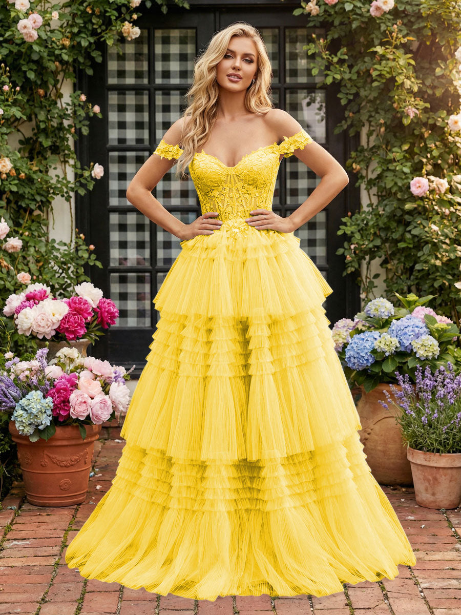 Off Shoulder Sweetheart Tulle Tiered Ruffles Prom Dresses A-Line Ball Gowns with Lace Appliques