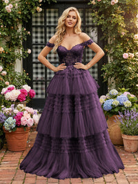 Off Shoulder Sweetheart Tulle Tiered Ruffles Prom Dresses A-Line Ball Gowns with Lace Appliques