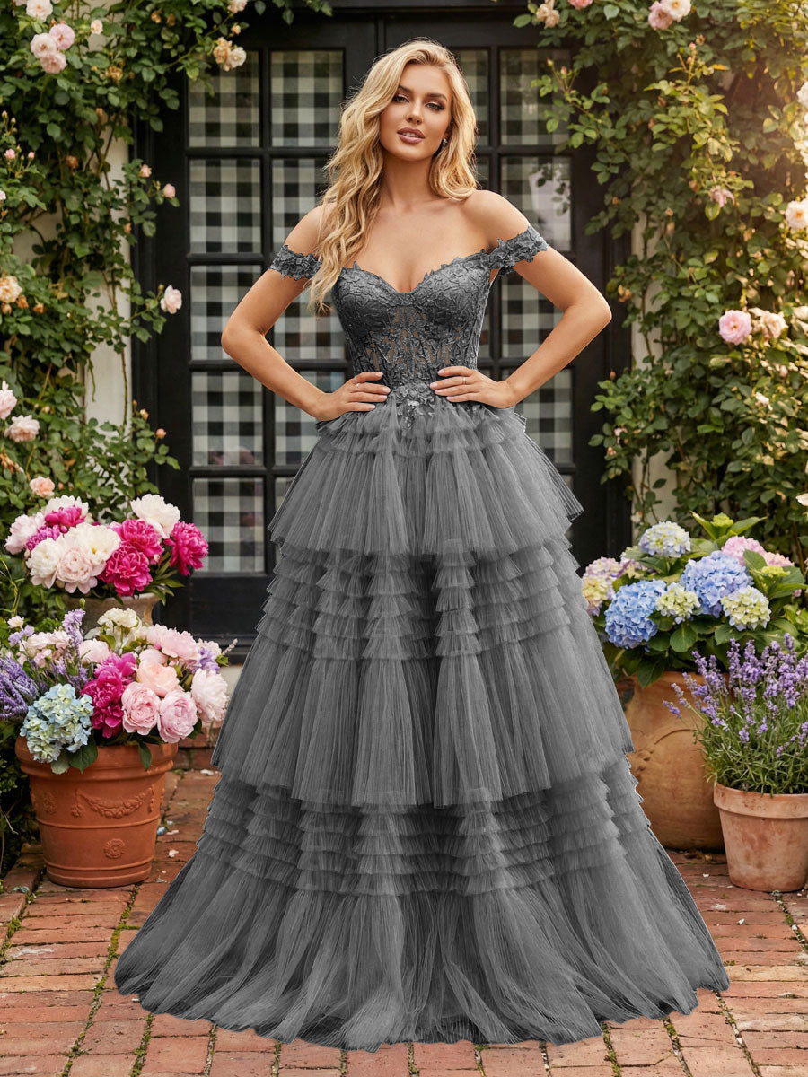 Off Shoulder Sweetheart Tulle Tiered Ruffles Prom Dresses A-Line Ball Gowns with Lace Appliques