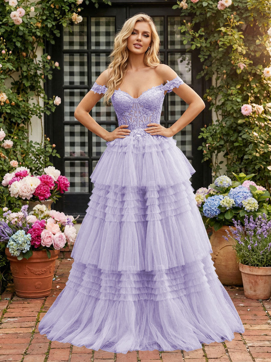 Off Shoulder Sweetheart Tulle Tiered Ruffles Prom Dresses A-Line Ball Gowns with Lace Appliques