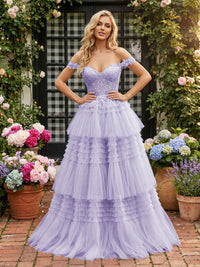Off Shoulder Sweetheart Tulle Tiered Ruffles Prom Dresses A-Line Ball Gowns with Lace Appliques