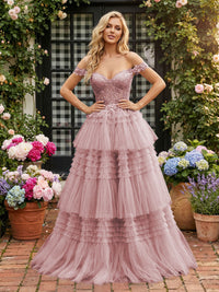 Off Shoulder Sweetheart Tulle Tiered Ruffles Prom Dresses A-Line Ball Gowns with Lace Appliques