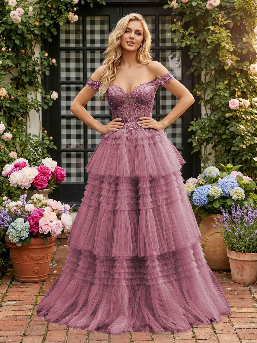Off Shoulder Sweetheart Tulle Tiered Ruffles Prom Dresses A-Line Ball Gowns with Lace Appliques