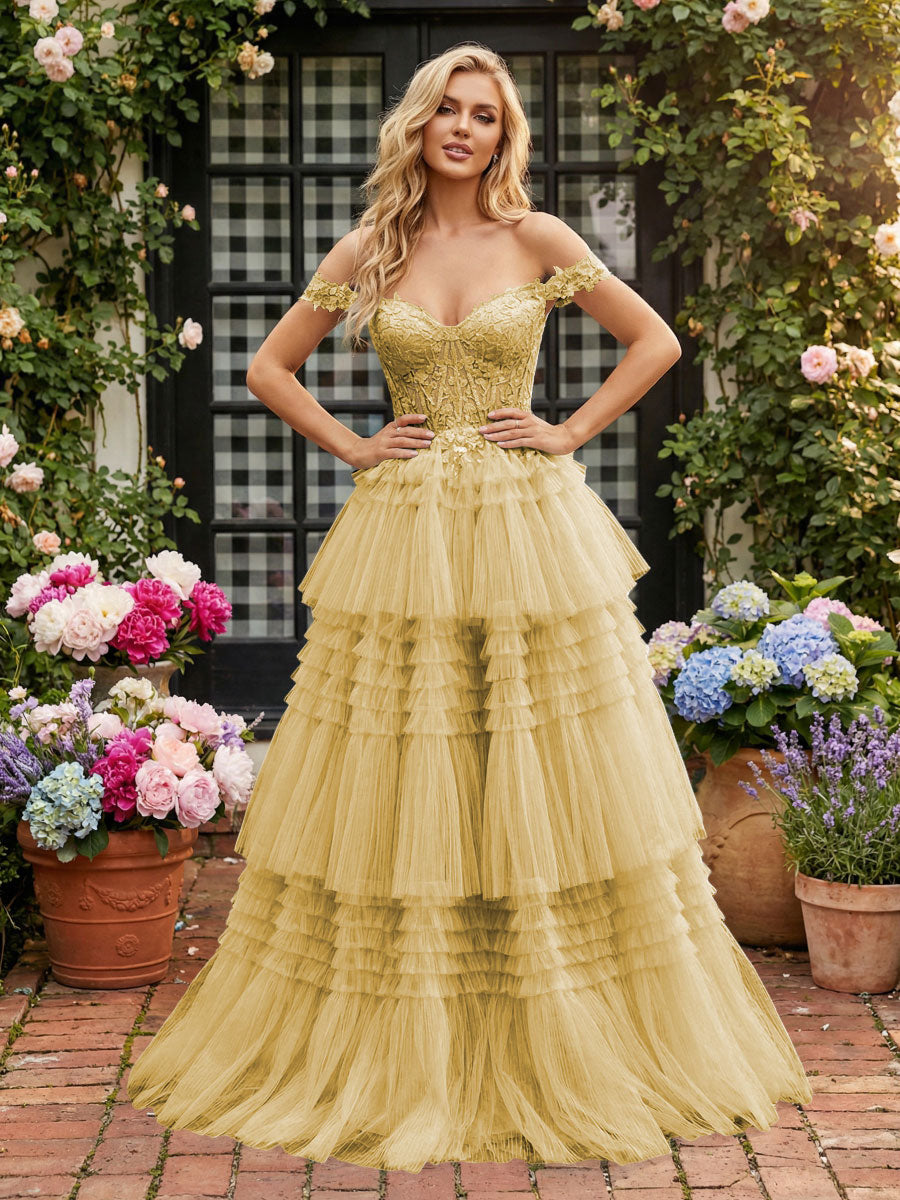 Off Shoulder Sweetheart Tulle Tiered Ruffles Prom Dresses A-Line Ball Gowns with Lace Appliques