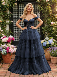 Off Shoulder Sweetheart Tulle Tiered Ruffles Prom Dresses A-Line Ball Gowns with Lace Appliques