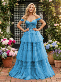 Off Shoulder Sweetheart Tulle Tiered Ruffles Prom Dresses A-Line Ball Gowns with Lace Appliques