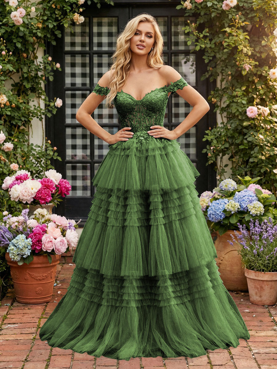 Off Shoulder Sweetheart Tulle Tiered Ruffles Prom Dresses A-Line Ball Gowns with Lace Appliques