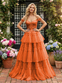 Off Shoulder Sweetheart Tulle Tiered Ruffles Prom Dresses A-Line Ball Gowns with Lace Appliques