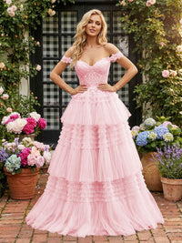 Off Shoulder Sweetheart Tulle Tiered Ruffles Prom Dresses A-Line Ball Gowns with Lace Appliques