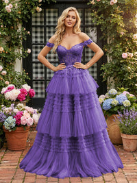 Off Shoulder Sweetheart Tulle Tiered Ruffles Prom Dresses A-Line Ball Gowns with Lace Appliques