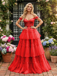 Off Shoulder Sweetheart Tulle Tiered Ruffles Prom Dresses A-Line Ball Gowns with Lace Appliques