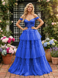 Off Shoulder Sweetheart Tulle Tiered Ruffles Prom Dresses A-Line Ball Gowns with Lace Appliques