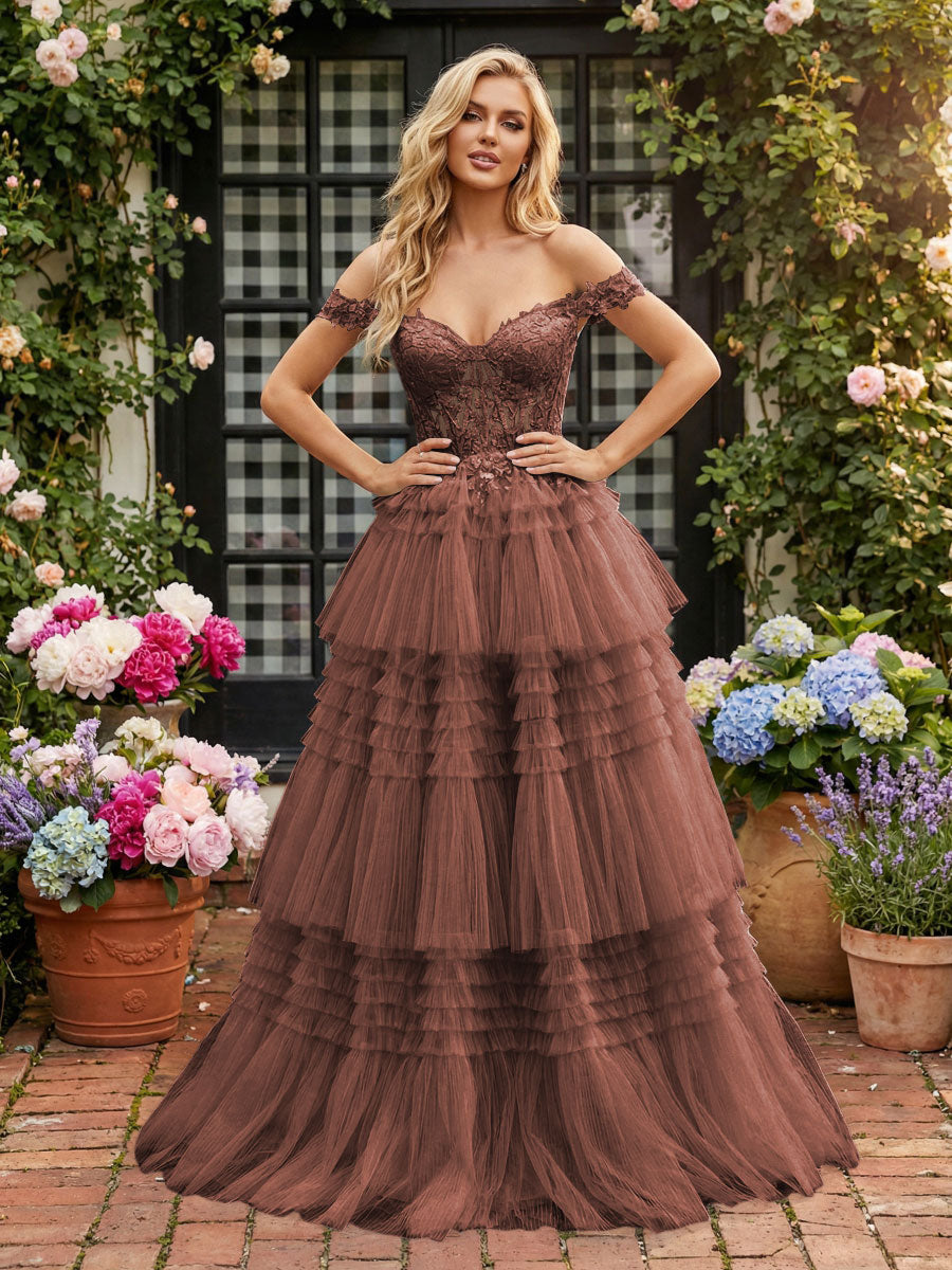 Off Shoulder Sweetheart Tulle Tiered Ruffles Prom Dresses A-Line Ball Gowns with Lace Appliques