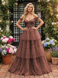Off Shoulder Sweetheart Tulle Tiered Ruffles Prom Dresses A-Line Ball Gowns with Lace Appliques