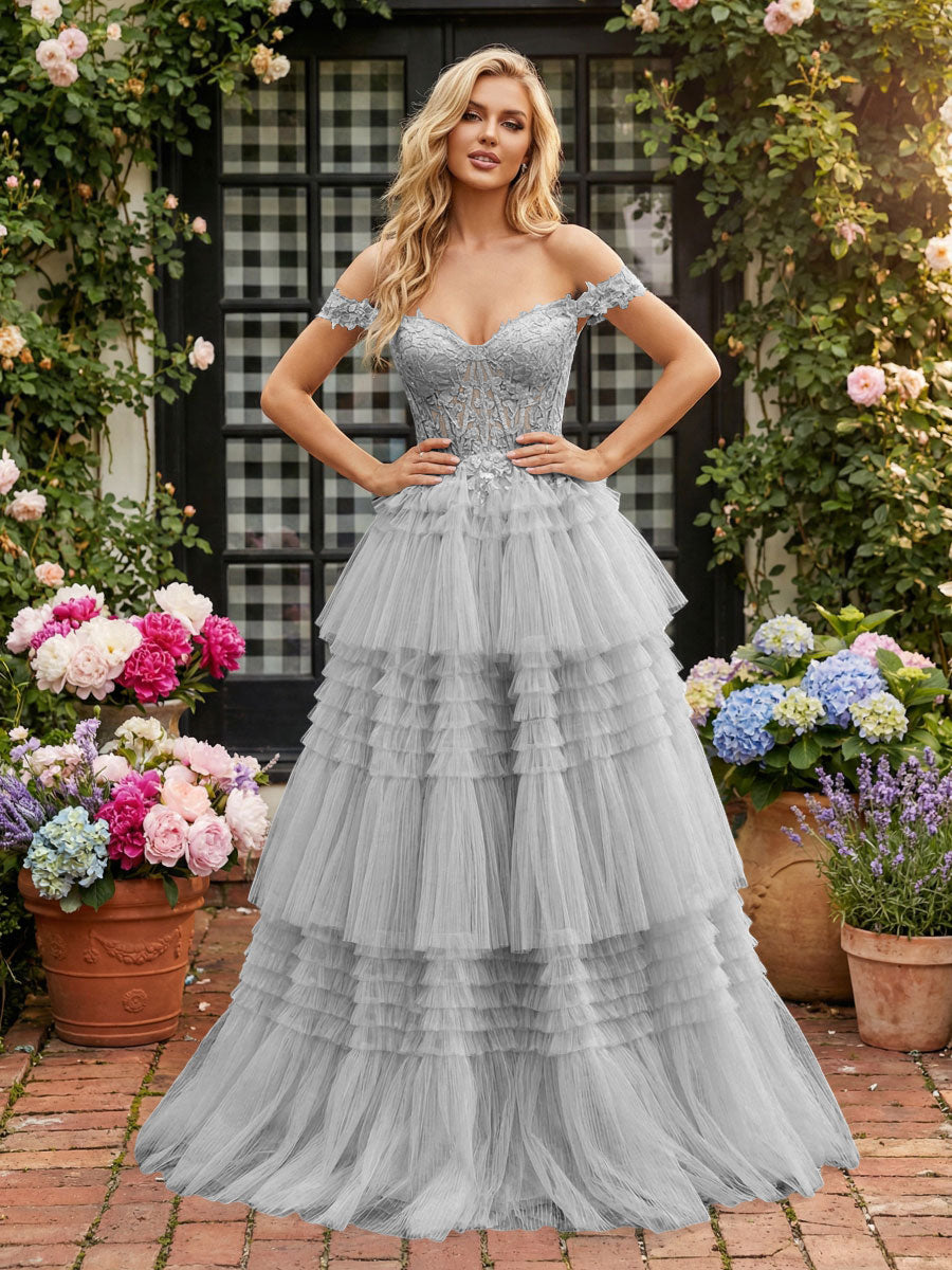 Off Shoulder Sweetheart Tulle Tiered Ruffles Prom Dresses A-Line Ball Gowns with Lace Appliques