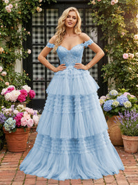Off Shoulder Sweetheart Tulle Tiered Ruffles Prom Dresses A-Line Ball Gowns with Lace Appliques