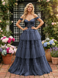 Off Shoulder Sweetheart Tulle Tiered Ruffles Prom Dresses A-Line Ball Gowns with Lace Appliques
