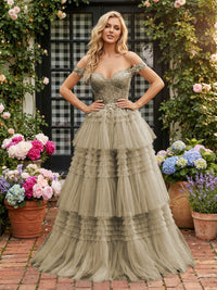 Off Shoulder Sweetheart Tulle Tiered Ruffles Prom Dresses A-Line Ball Gowns with Lace Appliques