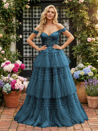 Off Shoulder Sweetheart Tulle Tiered Ruffles Prom Dresses A-Line Ball Gowns with Lace Appliques