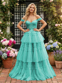 Off Shoulder Sweetheart Tulle Tiered Ruffles Prom Dresses A-Line Ball Gowns with Lace Appliques