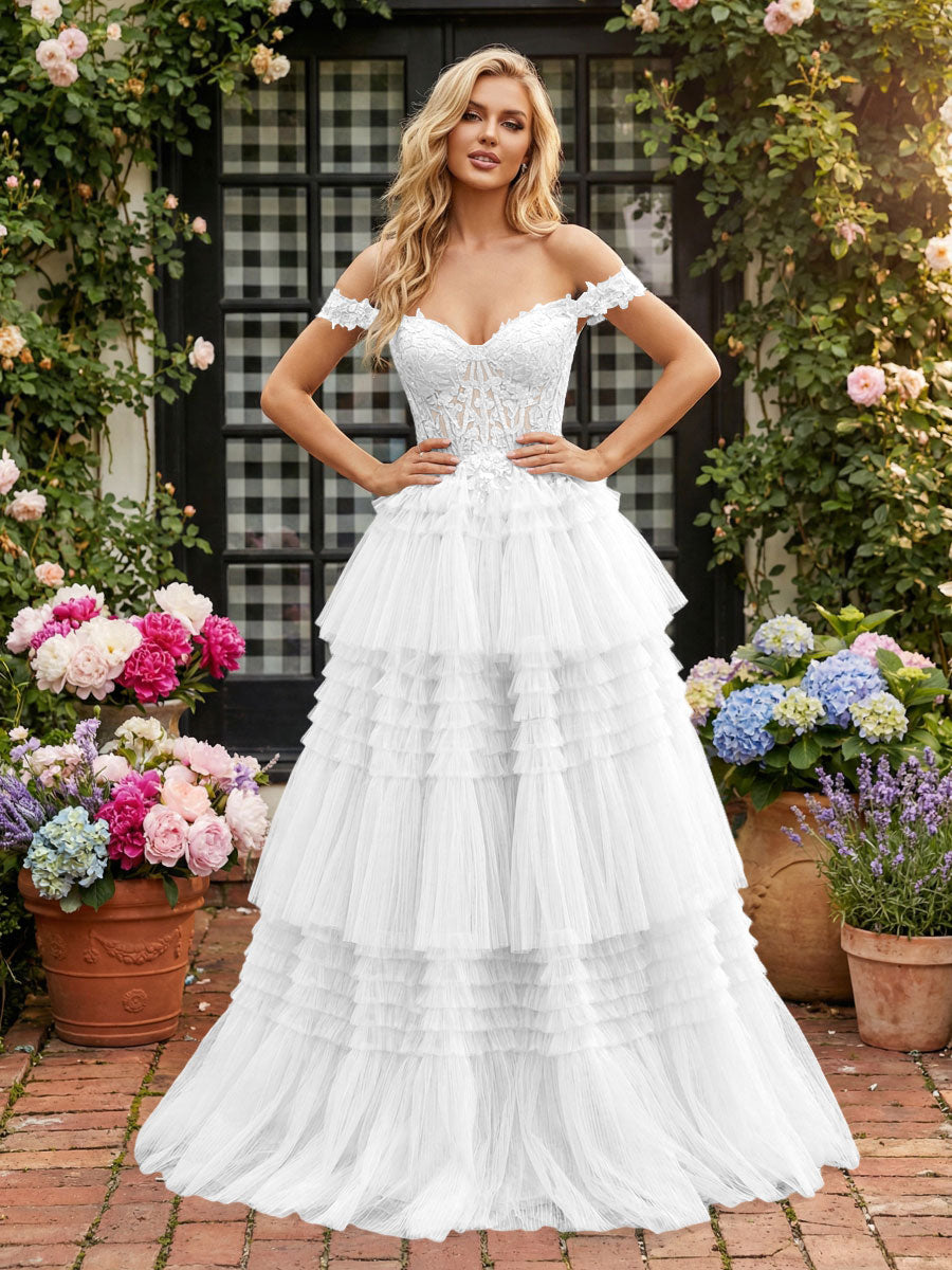 Off Shoulder Sweetheart Tulle Tiered Ruffles Prom Dresses A-Line Ball Gowns with Lace Appliques