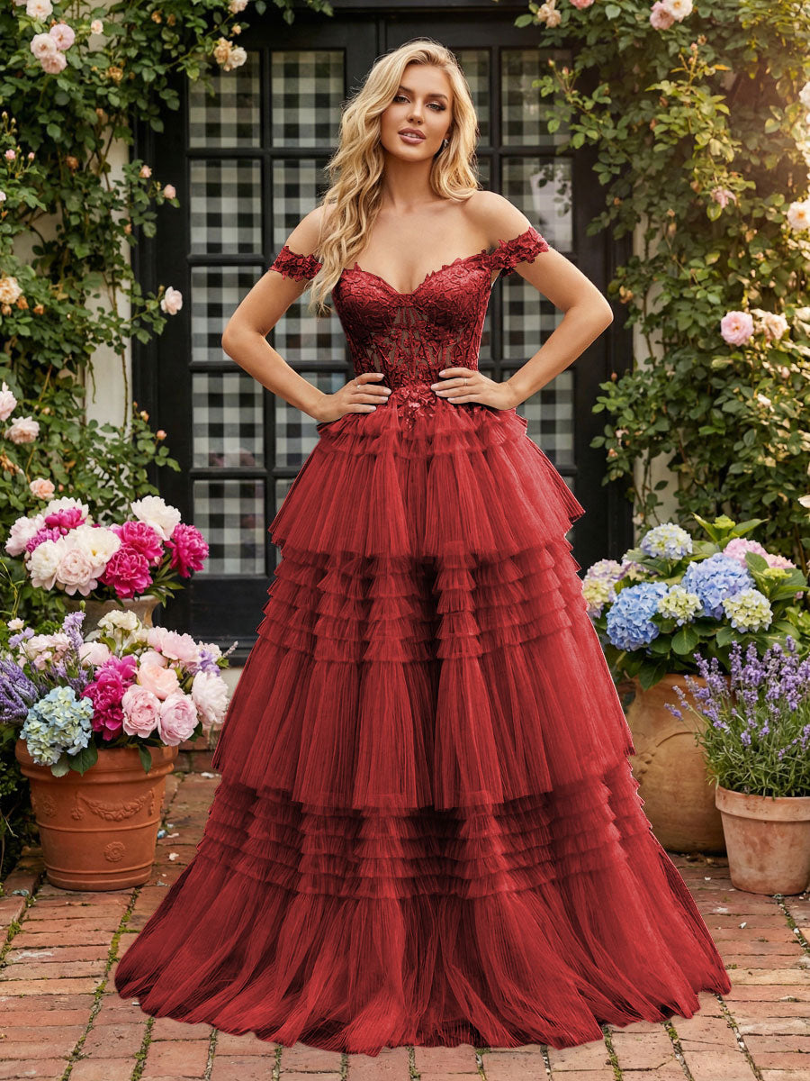 Off Shoulder Sweetheart Tulle Tiered Ruffles Prom Dresses A-Line Ball Gowns with Lace Appliques