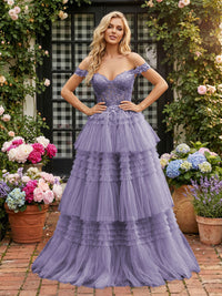 Off Shoulder Sweetheart Tulle Tiered Ruffles Prom Dresses A-Line Ball Gowns with Lace Appliques