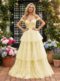 Off Shoulder Sweetheart Tulle Tiered Ruffles Prom Dresses A-Line Ball Gowns with Lace Appliques