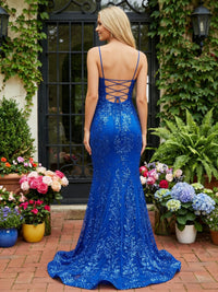 Mermaid Sparkly Sequin Lace Spaghetti Straps Prom Dresses with Sweep Train
